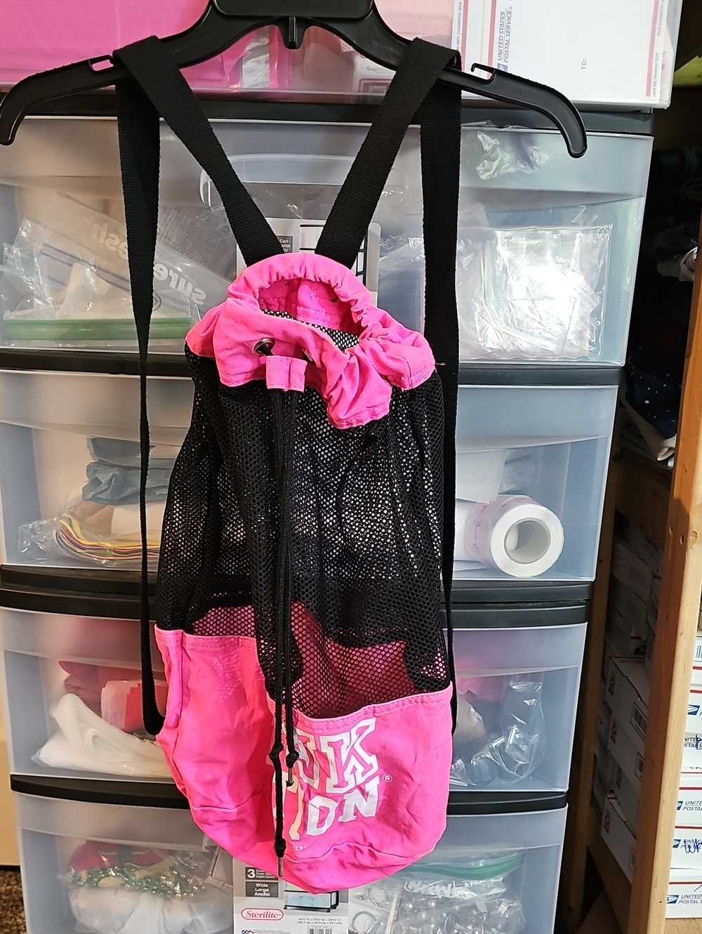 PINK Victoria's Secret Black Mesh Drawstring Backpack with Pink Accents